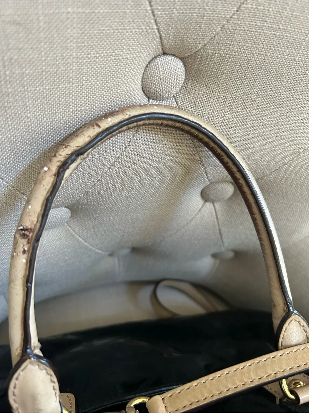 Michael Kors Black Patent Satchel with Beige Trim and MK Charm